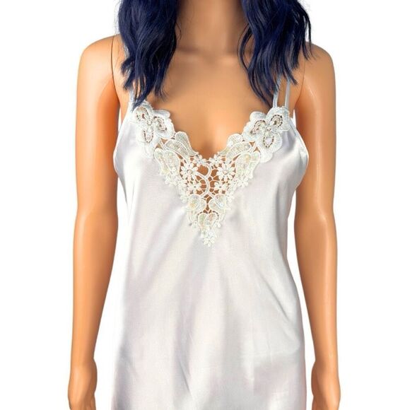 Vintage Cinema Etoile White Satin Embroidered Midi Slip Dress Size Small - Picture 4 of 6